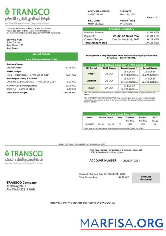 Realistic UAE Abu Dhabi Transmission & Despatch Company (TRANSCO) utility bill template in Word and PDF format